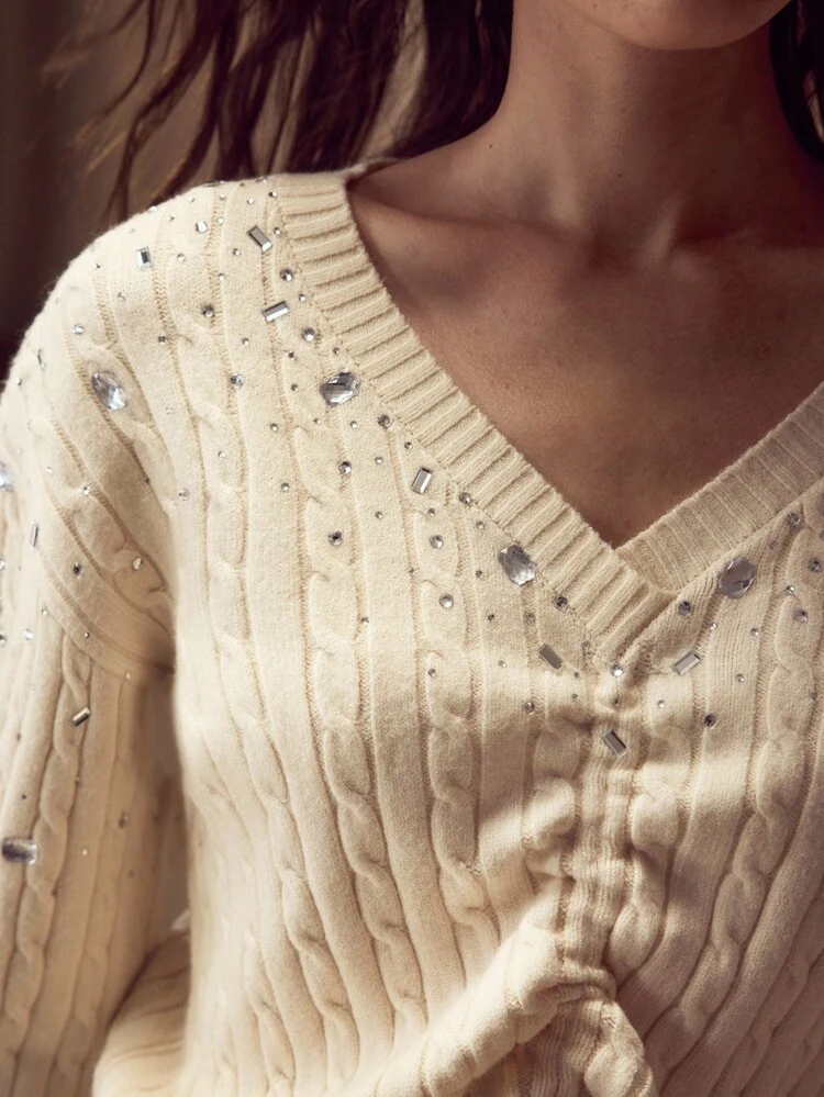 RHINESTONE DRAWSTRING FRONT SWEATER KNIT PULLOVER FALL WINTER