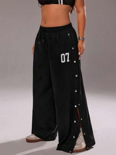 Rustia 大码女式抽绳腰休闲街头风格纯色印花金属扣侧开衩裤