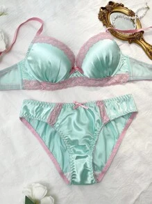 2pcs Underwire, Uplift, Molded Cup, Gather, Lace Patchwork, Satin Bow Comfy Balconette Cute Doll Fresh Women Lingerie Set Satin Lingerie Set Push Up Lingerie Set  Cozy And Elegant Details
