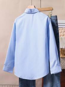 1pc Girls' Turndown Collar Long Sleeve Button-Up Striped Shirt With Embroidered Front Graphic, Casual Blouse For Autumn Fall Winter