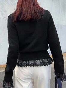 FRIFUL Women's Casual Lace Patchwork Drawstring Crew Neck Loose Hem Cardigan Black Lace Cardigan Lace Sleeve Cardigan Black Cardigan With Lace Black Lace Top Lace Trim Cardigan - Black - View 6