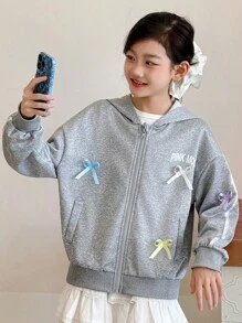 Genkimix Kids Girls' Casual Fashion Sports Everyday Loose Fit Drop Shoulder Long Sleeve Hoodie Jacket With Colorful Bow Decor, Suitable For Back To School In Autumn - Grey - View 5