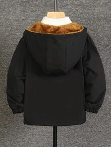 SHEIN 4-7 Years Old Boys Black Hooded Fleece Jacket, Suitable For Autumn, Spring And Winter - Black - View 2