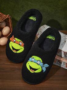 TEENAGE MUTANT NINJA TURTLES | SHEIN 柔软毛绒保暖防滑室内拖鞋冬季家居鞋精美刺绣图案，轻便耐用，男女通用家居卧室空调房春秋季 - 黑色 - 查看 6