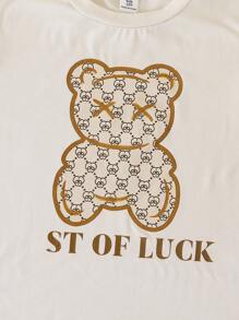Set da 2 pezzi per ragazze composto da t-shirt a maniche corte con stampa grafica di orsetti e lettere, e leggings, casual e carino, adatto come outfit per il ritorno a scuola