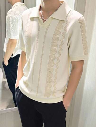 SHEIN 青少年男孩休闲短袖针织 Polo 衫，镂空设计，运动街头潮流朋克摇滚学院风，适合春夏季节