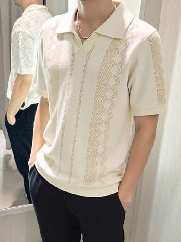 SHEIN Camisa polo de manga corta de punto informal para adolescentes varones, diseño calado, estilo deportivo callejero punk rock universitario, adecuado para ocasiones de primavera/verano