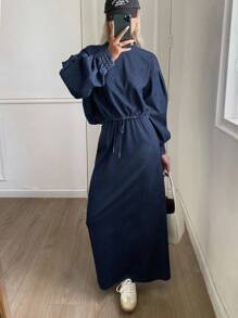 DAZY Bộ 2 món áo cánh rộng cổ tròn màu trơn và chân váy denim cho nữ, mùa thu - Rửa trung bình - Xem 5
