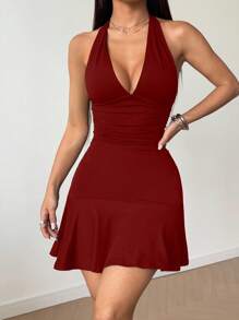 SHEIN Unity 黑色露背性感迷你连衣裙，休闲度假装，春夏 - 酒紅色 - 查看 5