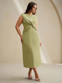 Anewsta 大码女式优雅复古硬币图案圆领无袖腰部扭褶收腰落肩连衣裙