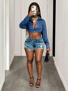 BamGleam 休闲时尚百搭牛仔效果性感长袖短款衬衫