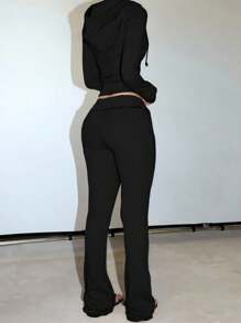 INAWLY Women Solid Color Zip Front Hoodie & Flared Pants Casual Tracksuit Fall Cloth For Women - Black - View 2