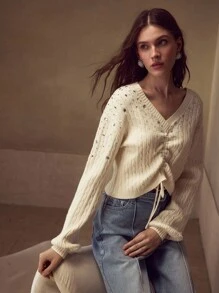 MOTF PREMIUM Pull-over tricoté avec cordon de serrage et strass, pour l'automne et l'hiver - Nude - Voir 6