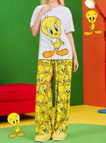 LOONEY TUNES X SHEIN Women's Y2K Yellow Cute Tweety Cartoon Graphic Print Loose Short Sleeve Top And Long Pants Summer Fall Pajama Set Back To School Homecoming - Yellow - View 4