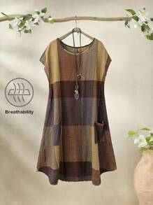 Rusticease Plus Size Plaid Crew Neck Sleeveless Casual Linen Short Dress Summer Outfits Vacation Outfits Woman Country Outfits Women Spring Outfits For Women Summer Outfits For Women Boho Women Clothing