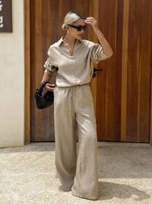 DAZY Conjunto de 2 piezas de top casual de manga larga con cuello en V y pantalones de ajuste holgado para mujer, otoño e invierno