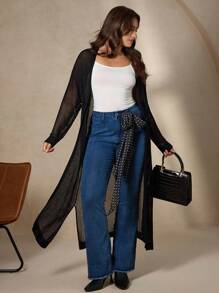 Chikora Plus Size Casual Solid Color Hollow Out Knit Sheer Cardigan Sheer Cardigan Women Sheer Outfits For Women Long Sheer Cardigan Black Sheer Cardigan Boho  Business Casual Woman Curve  Goth Winter Fall Autumn - Black - View 7