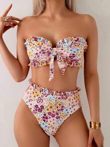 Swim Mod 2pcs/Set Ditsy Floral Ruffle Bandeau Swimwear, Popular For Beach & Summer - Multicolor - View 1