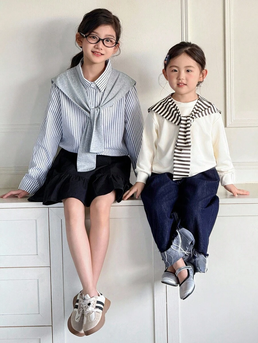 SHEIN Genkimix Kids Young Girls Cute Striped Shawl Paired With Apricot Crew Neck Long Sleeve Comfortable Sweatshirt, Autumn/Winter - Apricot - View 1