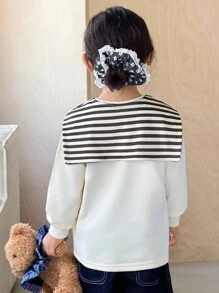 SHEIN Genkimix Kids Young Girls Cute Striped Shawl Paired With Apricot Crew Neck Long Sleeve Comfortable Sweatshirt, Autumn/Winter - Apricot - View 2