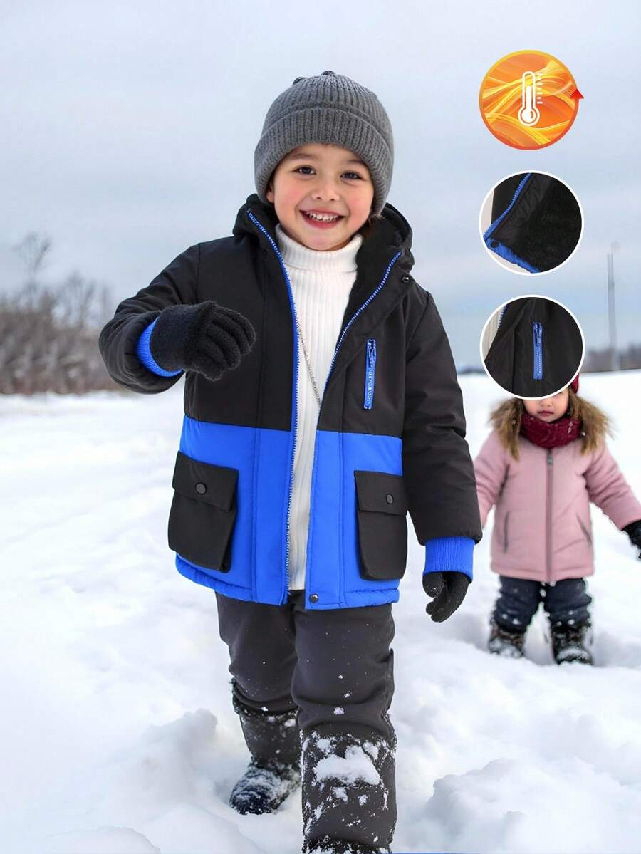 1pc Young Boy's Thickened Contrast Color Long Sleeve Padded Coat, Suitable For Daily Wear, Commuting, School, Autumn/Winter, Outdoor Activities Fall