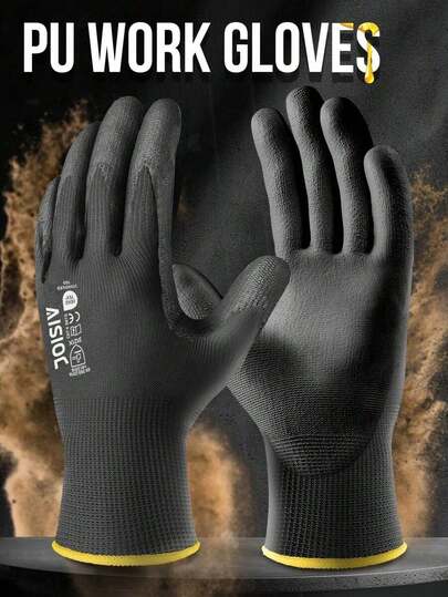 SHEIN 12双装 13号无缝针织安全工作手套，PU涂层聚氨酯浸胶防滑透气轻便，黑灰色可选，男女通用，适用于仓库、花园、建筑、DIY、户外劳务、机械维修等工作。
