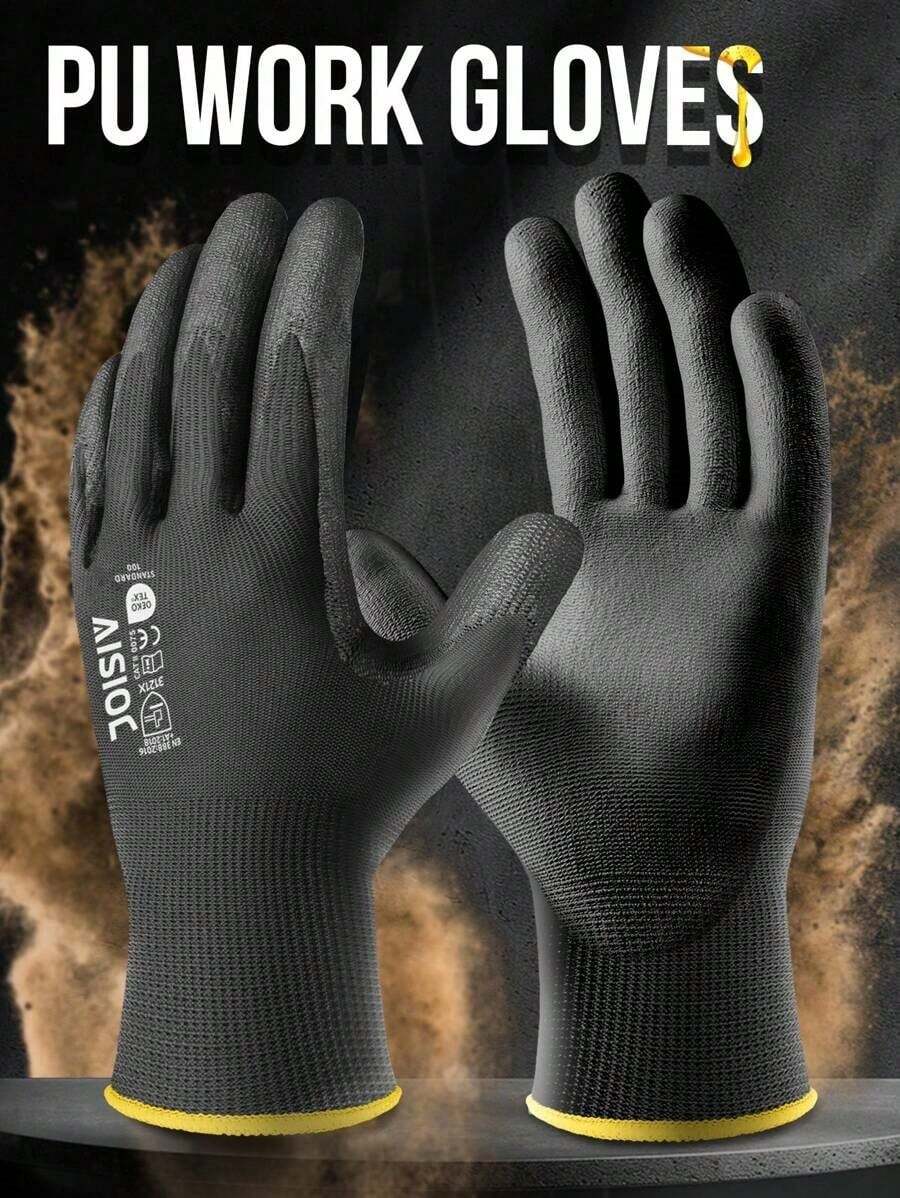 SHEIN 12双装 13号无缝针织安全工作手套，PU涂层聚氨酯浸胶防滑透气轻便，黑灰色可选，男女通用，适用于仓库、花园、建筑、DIY、户外劳务、机械维修等工作。