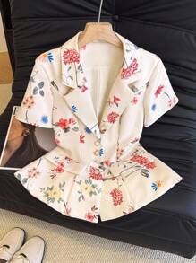 Franclia Blazer de manga corta elegante con estampado floral y corte evasé para mujer, ideal para la universidad - Blanco - Ver 1