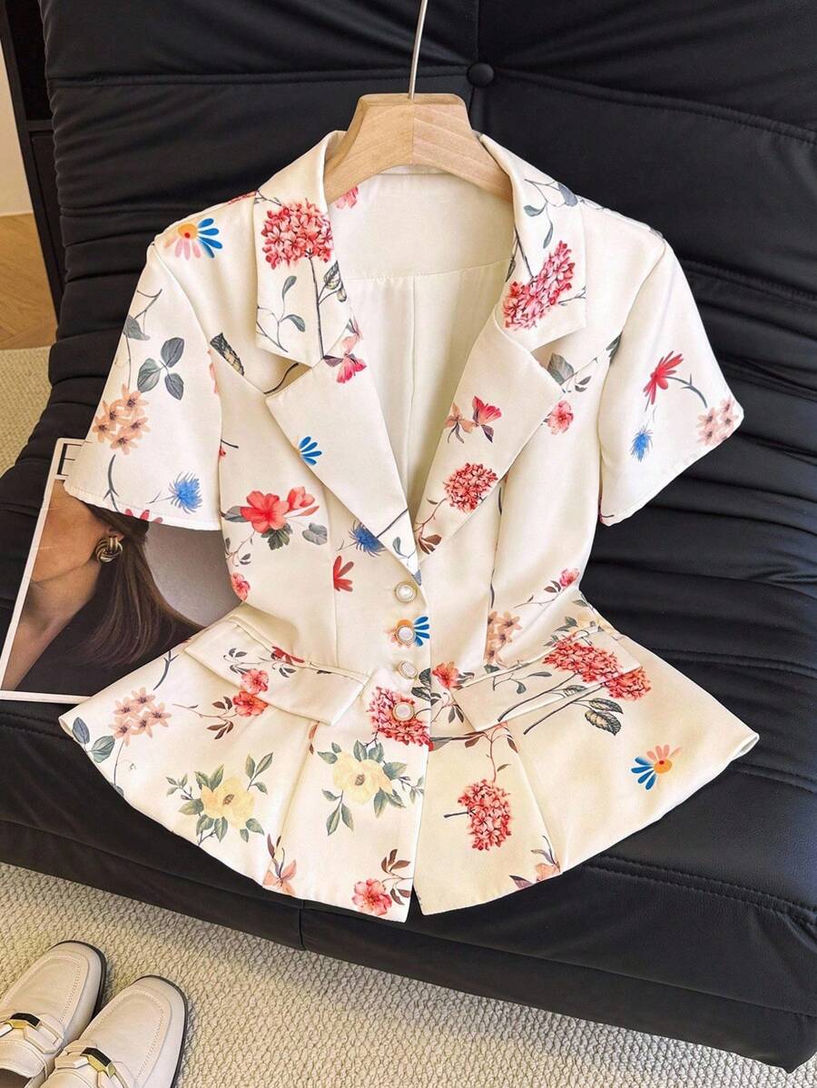 Franclia Blazer de manga corta elegante con estampado floral y corte evasé para mujer, ideal para la universidad - Blanco - Ver 1