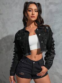 SHEIN EZwear 女式做旧长袖单排扣磨边短款牛仔夹克 - 黑色 - 查看 2