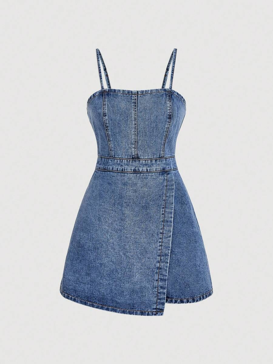 SHEIN MOD Light Wash Denim Cami Dress With Wrap Hem And Casual Summer Style Denim Dress Blue Jean Dress Women Denim Dress Denim Sundress Spaghetti Strap Denim Dress