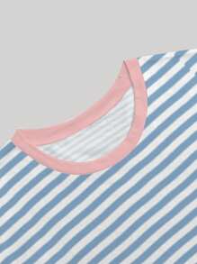 SHEIN 条纹印花圆领休闲短袖T恤，夏季 - 彩色 - 查看 4