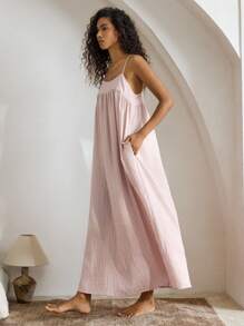 Ocili 休闲女士舒适天然亚麻条纹吊带睡袍娃娃装家居服节日季连衣裙