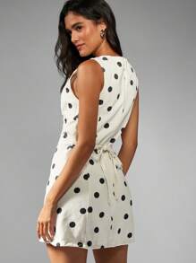 MISSGUIDED Sleeveless Polka Dot Denim Mini Dress With Tie Back Waist Detail Summer A-Line Casual Daytime Fashion Side Seam Pockets Retro Style - White - View 2