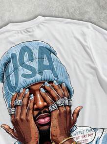 Manfinity Roghcode Camiseta blanca de manga corta con estampado de figura, estilo casual urbano y hip hop para hombre, verano - Blanco - Ver 2