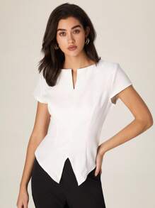 Modelyn 法式设计开衩下摆收腰短袖女式上衣 - 白色 - 查看 1