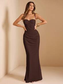 SHEIN BAE 夏季女式蕾丝拼布吊带裙，适合毕业派对、婚礼宾客礼服、约会、宴会、派对、姐妹聚会 - 咖啡棕 - 查看 5