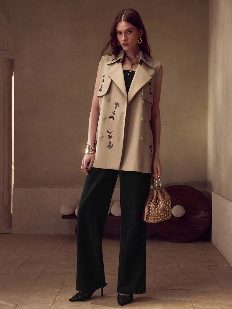 Trenchcoat ohne Ärmel mit Kragen, Gürtel, Doppelreiher-Knopfleiste und Strass-Details