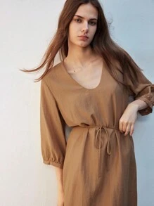 Maija Đầm dài tay lửng cổ chữ U màu nâu thoải mái cho nữ, đơn giản, thời trang, phù hợp mặc hàng ngày, đi làm, có thắt lưng, thích hợp cho mùa hè và mùa thu - Màu vàng - Xem 5