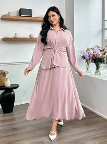 Modelyn Plus Size Women's Solid Color Drop Shoulder Long Sleeve Shirt And Midi Skirt Casual 2 Pieces Set,Fashionable Casual Elegant Women's Clothing, Autumn Women's Clothing, Women's Shirts, Preppy Dresses, Women's Strappy Shirt Dresses, Back To Work Back To School Women's Clothing, Dresses For Mom, Romantic Tops, Party Wear,Knitted Dress