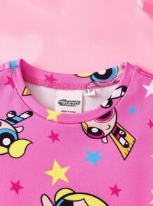 THE POWERPUFF GIRLS X SHEIN 少女花朵、泡泡、毛茛卡通图案粉色短袖T恤和裤子睡衣套装，可爱又俏皮 - 粉色 - 查看 3