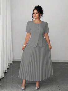 Elenzga 夏季时尚休闲法式浪漫优雅通勤百褶裙两件套 - 灰色 - 查看 3
