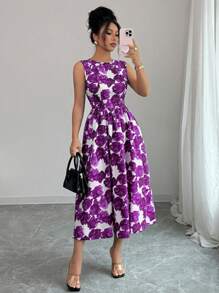 Rafferiza 女士花卉印花圆领无袖优雅中长连衣裙