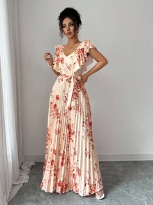 Elenzga Đầm nữ dáng chữ A in họa tiết kỹ thuật số phong cách nghỉ dưỡng nhún bèo eo thanh lịch lãng mạn - Nhiều màu - Xem 3