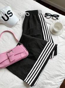 Comfortcana 大码撞色侧条纹松紧腰宽松休闲运动裤 - 黑色 - 查看 5