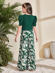 SHEIN 2pcs Tween Girl Crew Neck Puff Sleeve Cropped Top & Wide Leg Pants Set - Dark Green - View 7