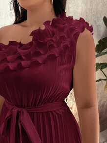 SHEIN Clasi Plus Size Elegant Solid Color Pleated Jumpsuit, Summer - Burgundy - View 4