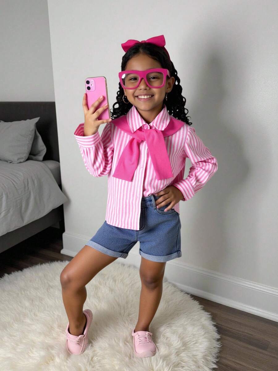 SHEIN 年轻女孩编织条纹宽松休闲披肩领衬衫 - 粉色 - 查看 1