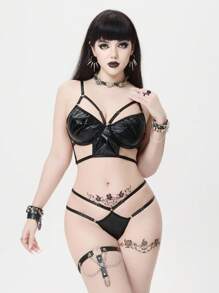 ROMWE Grunge Punk Bộ đồ lót dây và áo ngực có gọng PU Dark Punk, gợi cảm - màu đen - Xem 4