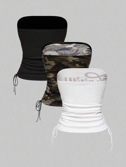 3 piezas Parte superior de camisola corta con estampado de cruz de cereza y strass con eslogan "Y2K Babe" y cintura con cordón